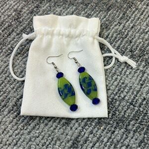 Green and Blue Dangle Lamp Work Glass Bead Sapphire Facetted Earrings✨
